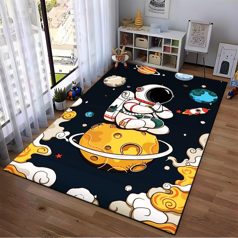 "Cartoon Astronaut Sitting on Planet Space Theme Carpet Rug Design" Suitable for use as an anti-slip for living room bedroom sofas