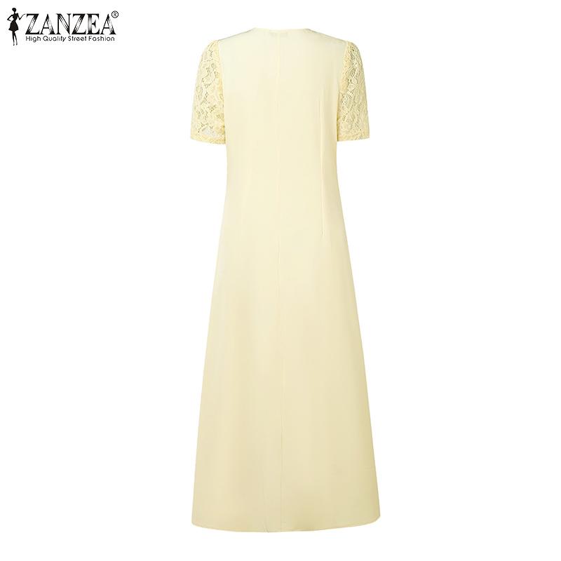 ZANZEA Damen Lässig V-Ausschnitt Kurzarm Elegantes Patchwork Spitzenkleid