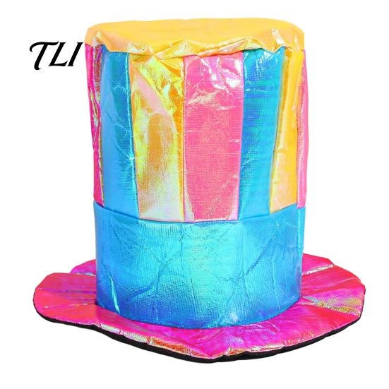 Waterproof Glossy Performance Hat Magician Top Hat, Colorful Wide Brim Retro Striped Halloween Carnival Costume Accessory for Costume, Mardi