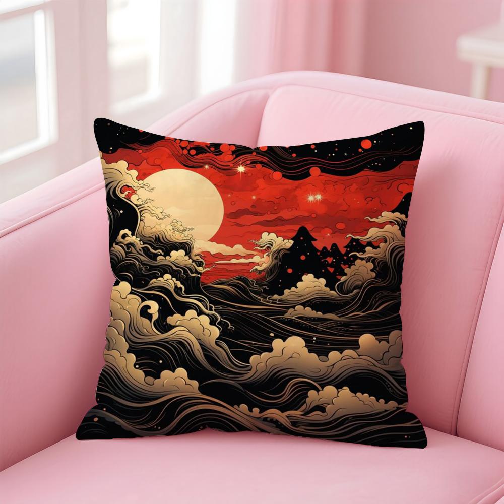 Japanese Waves Cushion Cover Linen Pillowcase Cover Soft Decor for Sofa Home Room