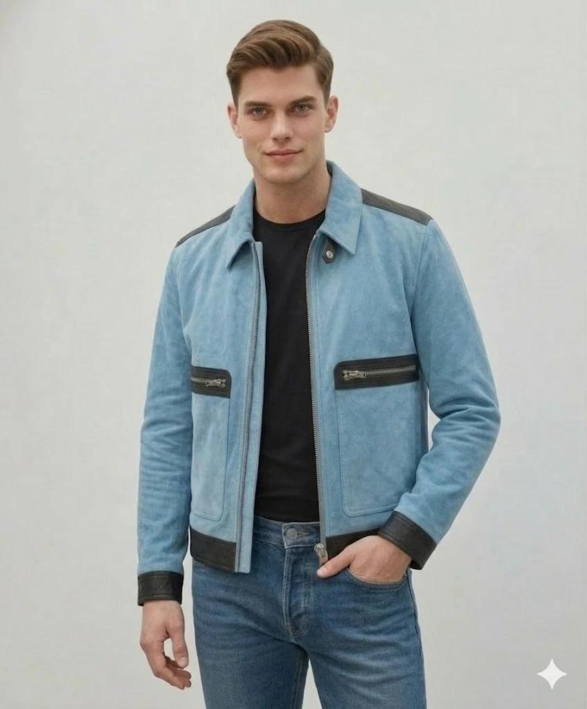 Handmade Fit Motorcycle Stylish Suede Blue Lambskin Leather Men s Biker Jacket S