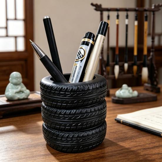 Portabolígrafos de Neumático Creativo Forma de Neumático Gran Capacidad Organizador de Escritorio para Bolígrafos Tijeras Clips de Papel Base Estable Antideslizante Decoración de Oficina
