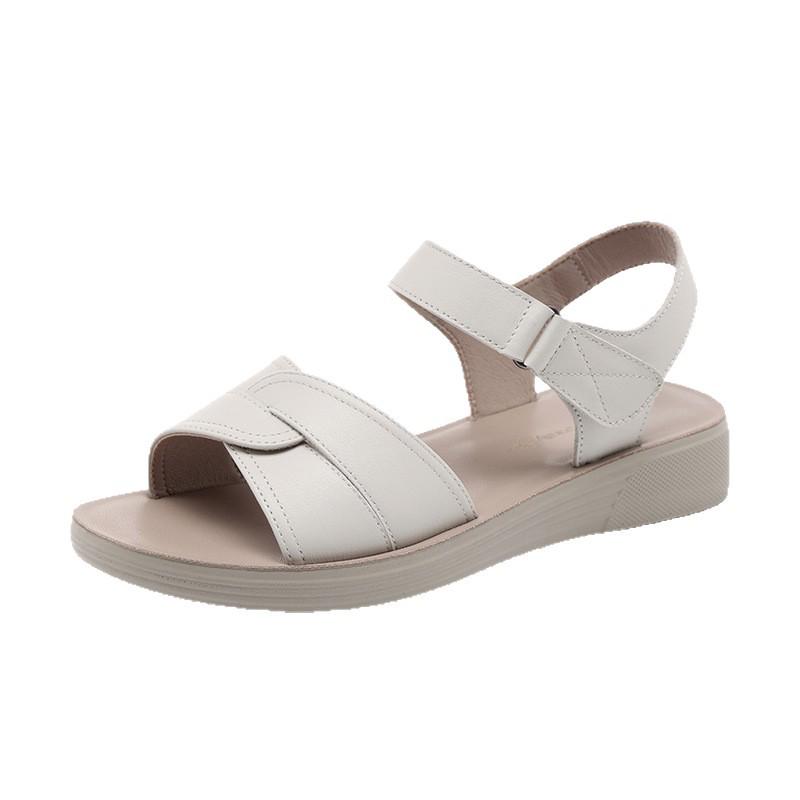 Red Dragonfly Women's Summer Casual Genuine Leather Sandals - Soft Sole Flat Bottom for Middle-Aged and Elderly.