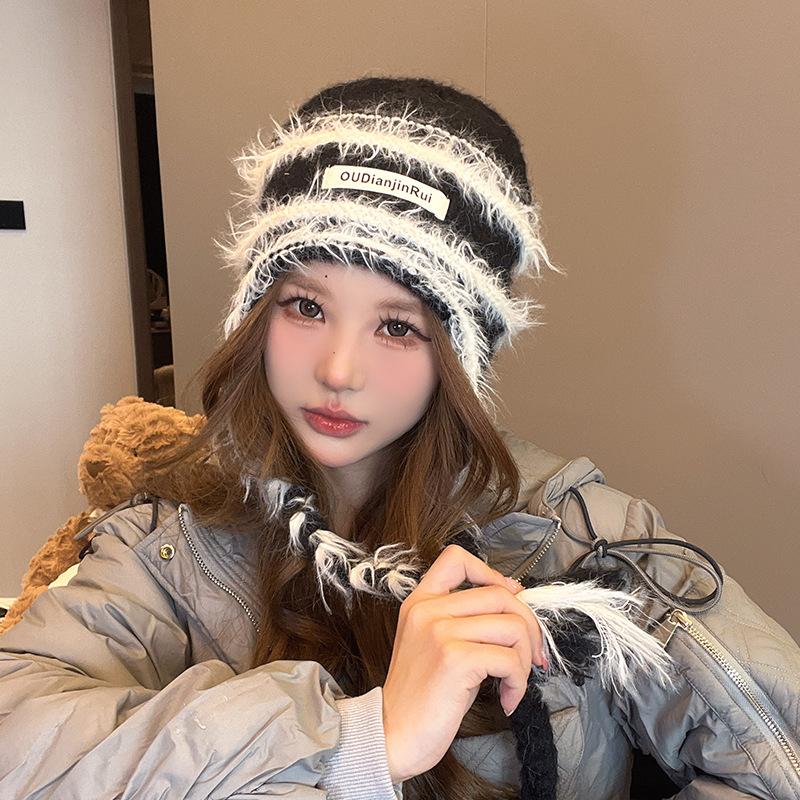 Warm Plush Hat for Women's Tassel Ear Protection Knitted Hat Outdoor Cold Protection Versatile Cold Hat Showing Face Small Wool Hat