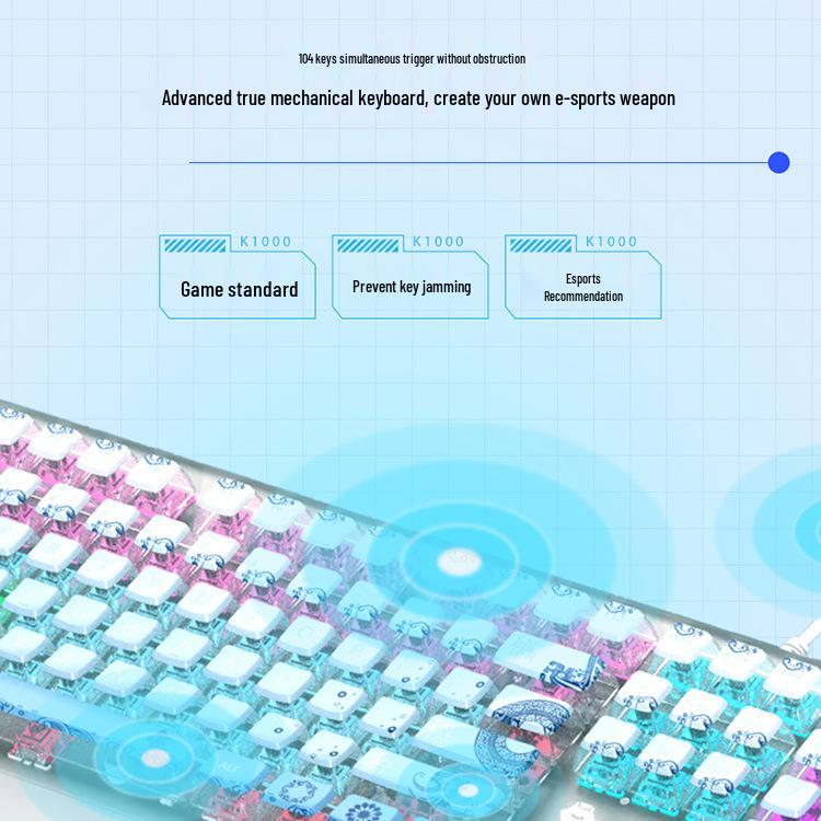Langtu K1000 Transparent Mechanical Keyboard: Wired 104-Key Blue Switch with PBT Customization for Esports, Gaming, Office, and Girls.