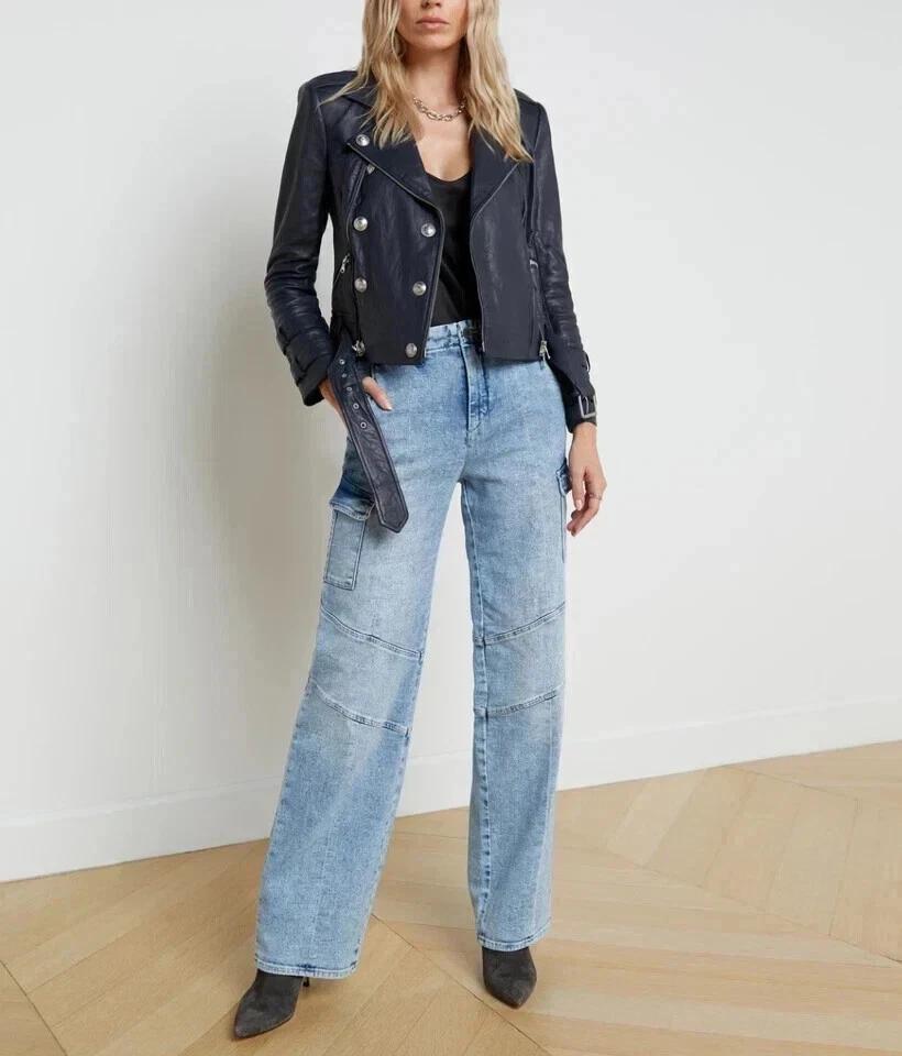 Stylish Women's Navy Blue Jacket Biker Real Lambskin Leather Motorcycle Style