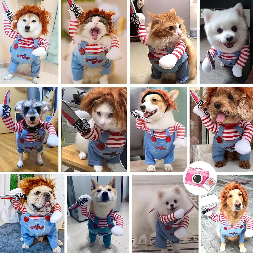 Disfraz de perro de muñeca mortal para mascotas, divertido disfraz de Halloween Chucky, lindo disfraz de fiesta, disfraz de cosplay para perros peque