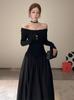 Hepburn Style Inner Long-sleeved Dress for Women's Autumn and Winter New French Retro Waist and Thin Black Bottom Long Skirt