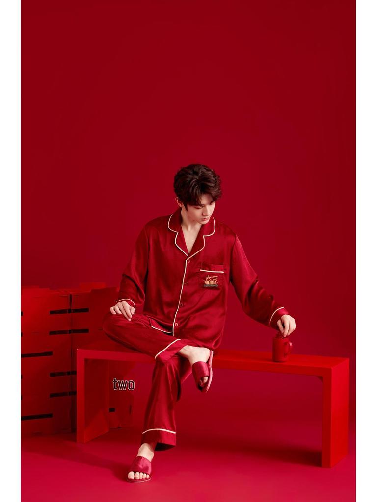 Red Double Happiness Embroidered Ice Silk Couple Pajamas Set for Bride and Groom
