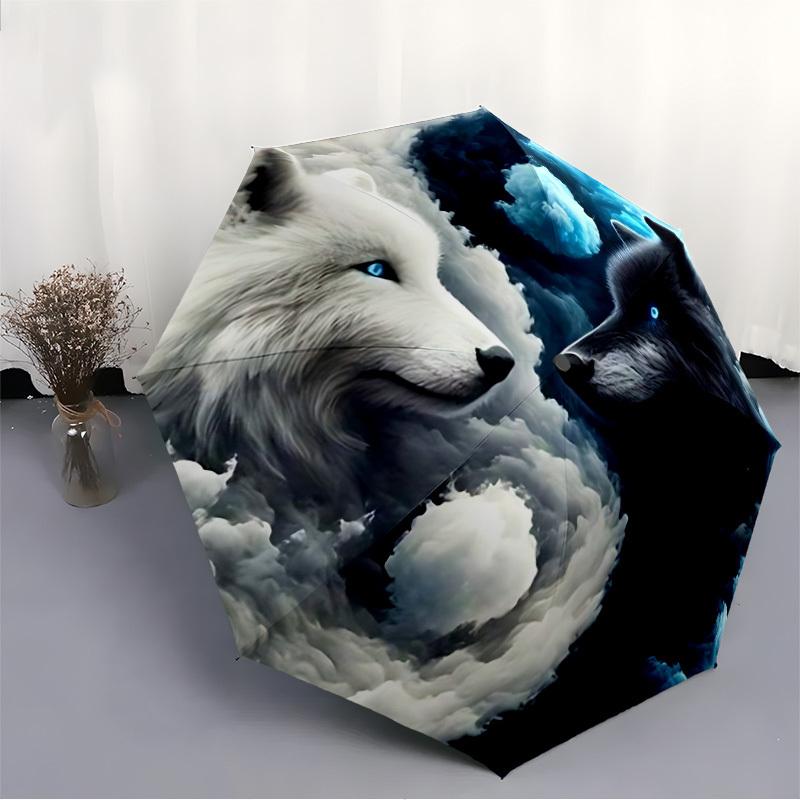 1pc Wolf YinYang Automatic Open/Close Umbrella Compact Folding Umbrella, All-Season Portable Umbrella for Women/Men096