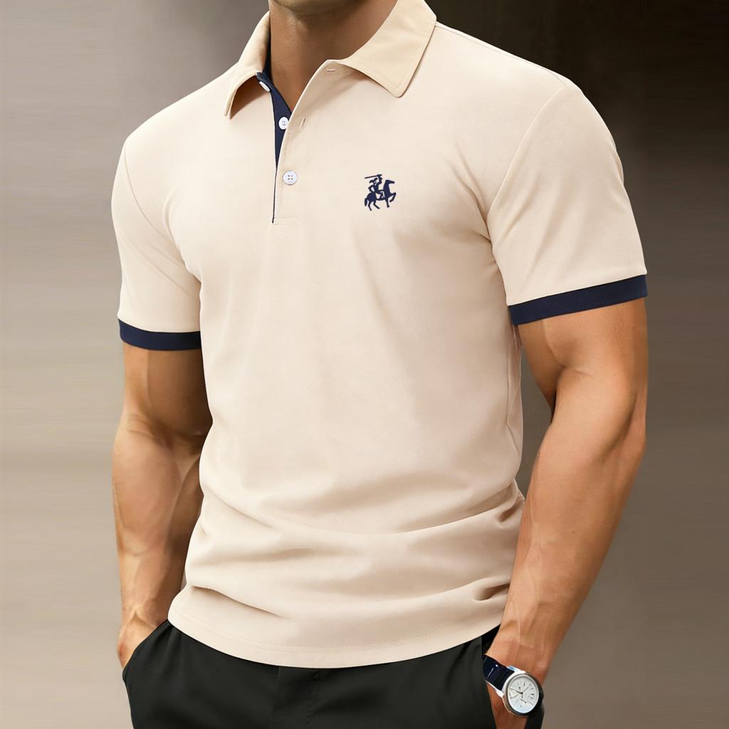 Men's Casual Polo Shirt for Vacations-3button collar, stylish color-blocked cuffs, lightweight and soft—trendy outdoor wear