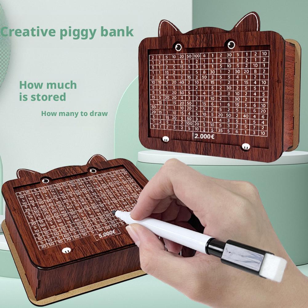 Wooden Digital Piggy Bank Cat Shape Money Saving Box With Number Grid Gift Plan Pen Euro Storage Organizer For Saving Goals