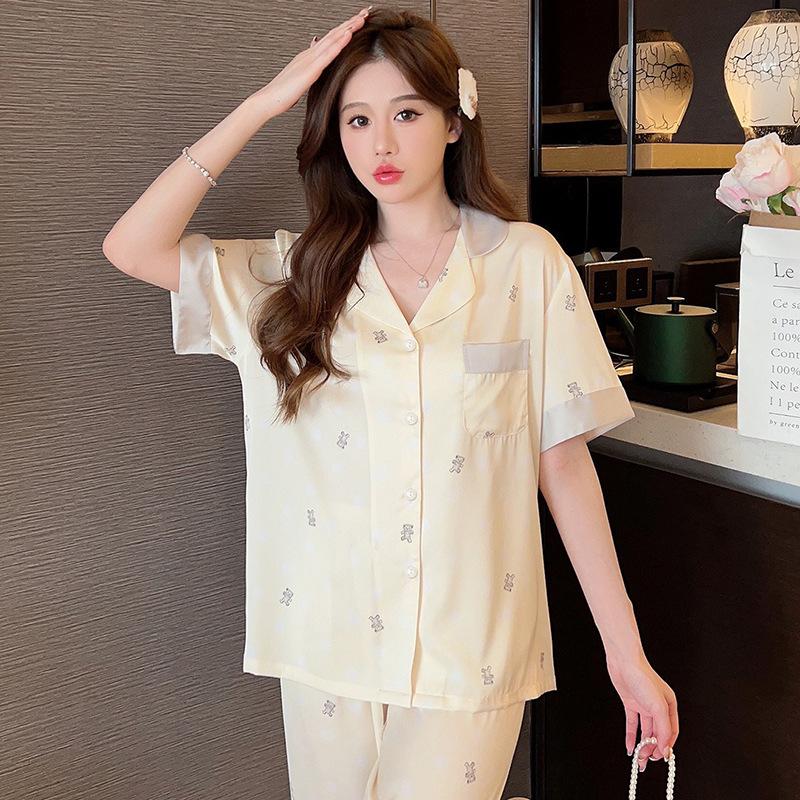 Cute Bear Pajamas Women'S Summer Short-Sleeved Trousers Imitation Silk Spring High-End Loungewear Thin Suit