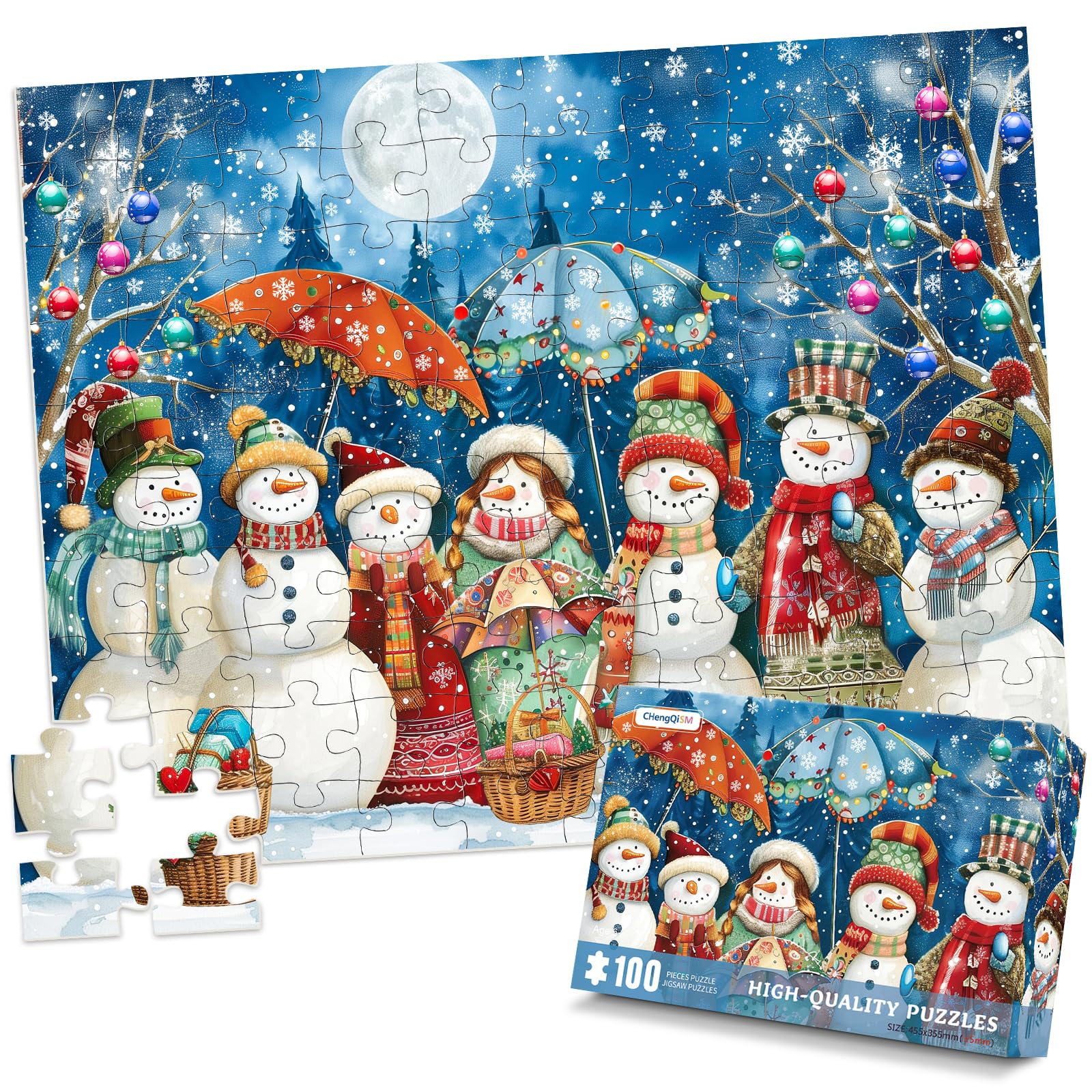 

CHengQiSM 100-Piece Jigsaw Puzzle, Large Pieces, Snowman, Christmas Puzzle for Kids, Adults, Beginners, and Seniors, Cute, Picture-Perfect, Leisure,