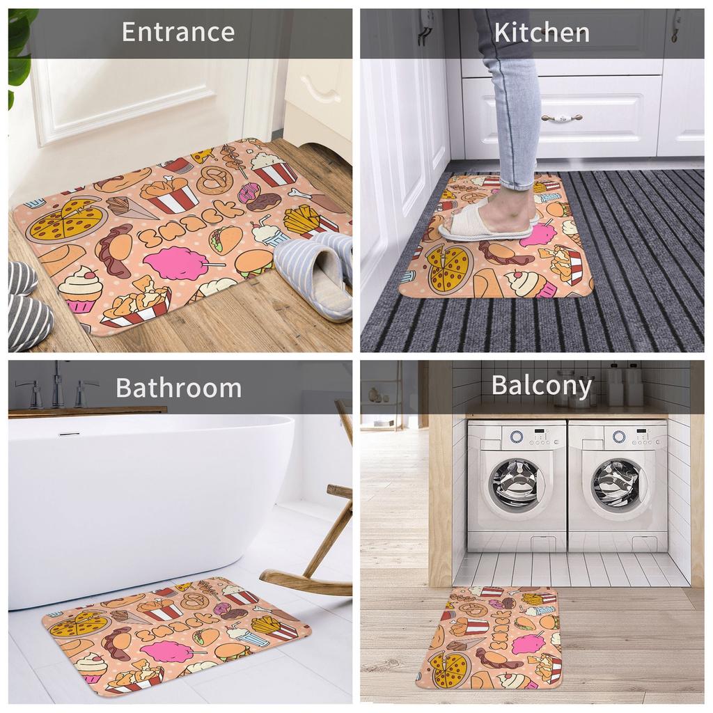 Cartoon Snack Food Doormat Kawaii Pizza Burger Fries Print Pink Background Printed Polyester Machine Entrance Floor Mat