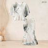 Women Plus Size Round Neck Batwing Sleeve Printed Ruffle Hem Top Fishtail Skirt Two Piece Set