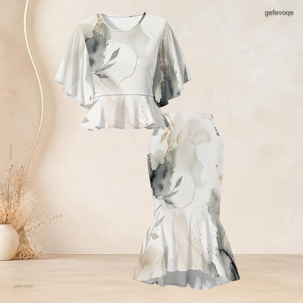 Women Plus Size Round Neck Batwing Sleeve Printed Ruffle Hem Top Fishtail Skirt Two Piece Set