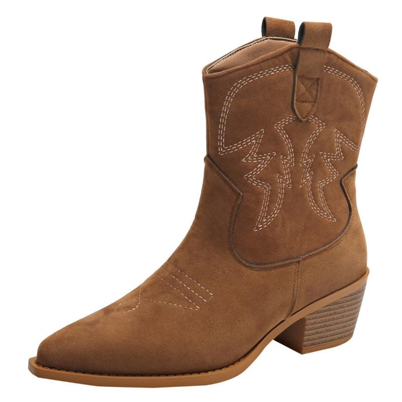 Women's Retro Short Boots Flock Square Heel Pointed Toe V-mouth Embroidery British Style Women Shoes Large Size 42 Ankle Booties