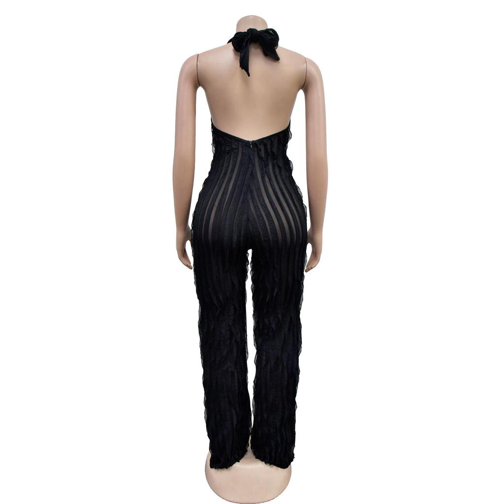 European & American Fashion Women's Solid Color Backless Deep V Pleated Halter Jumpsuit