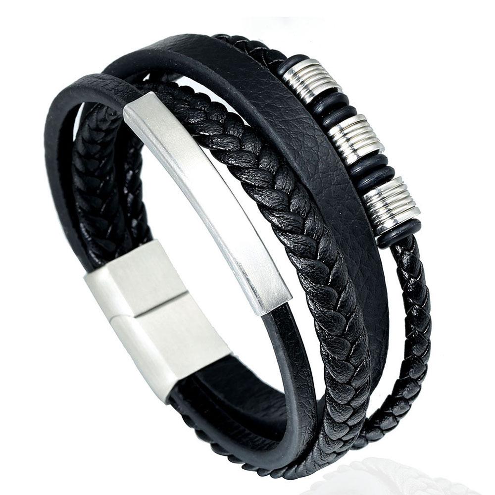 Stainless steel leather bracelet, men s multi-layer woven leather rope bracelet