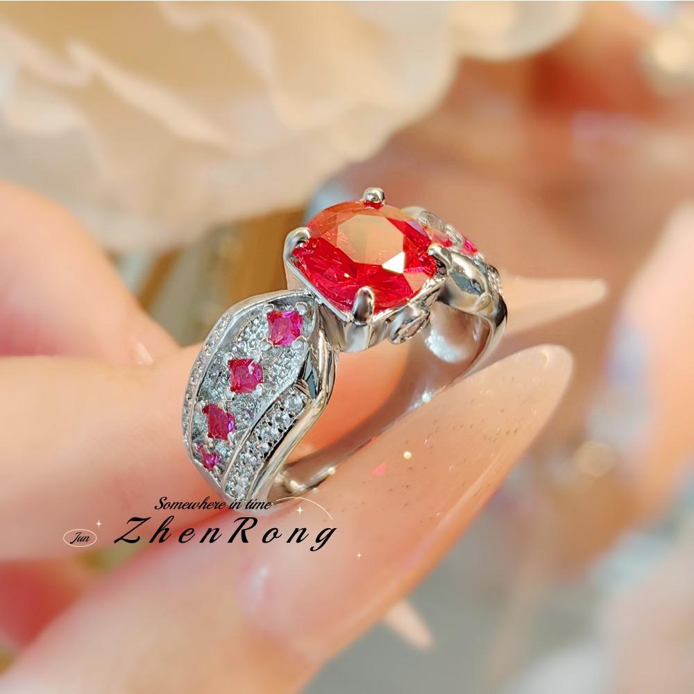 Elegant French Vintage Women Rings with High Carbon Diamond Red Corundum and Blue Spinel Simple Fashion Jewelry