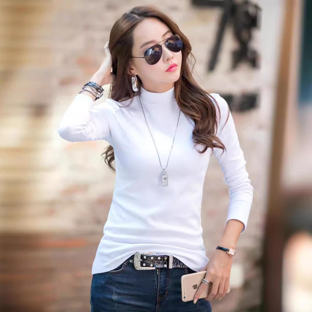 2024 Spring New Korean Style Slim Solid Color Women's Cotton Long-sleeved T-shirt Bottoming Shirt Half Turtleneck Women's Top