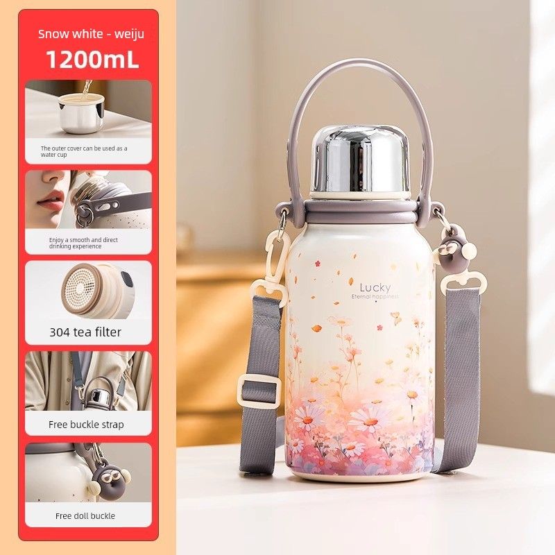 German Imported Large-Capacity Thermos Water Bottle, High-Quality Stainless Steel Tea Brewing Cup for Girls, Stylish and High-End Student Water Cup