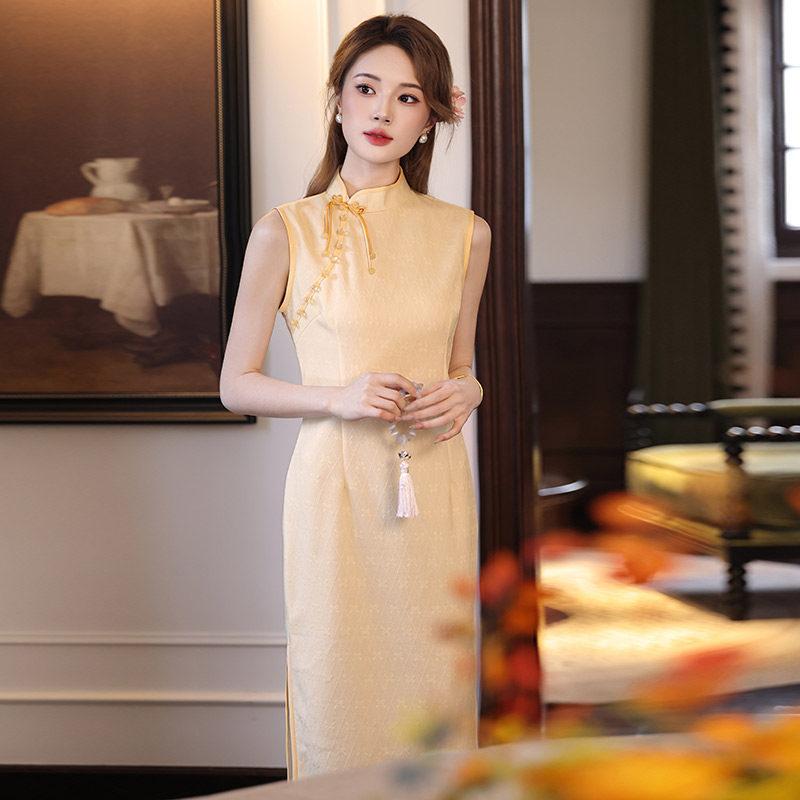 Yellow sleeveless national style new Chinese daily Suzhou long cheongsam improved young 1011 new women's high sense