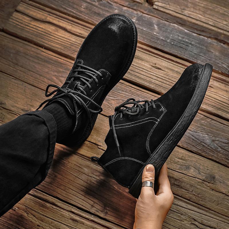 Men s boots 2026 Spring and Autumn suede leather mid top short boots  genuine leather boots  British style retro workwear boots 38 чёрный