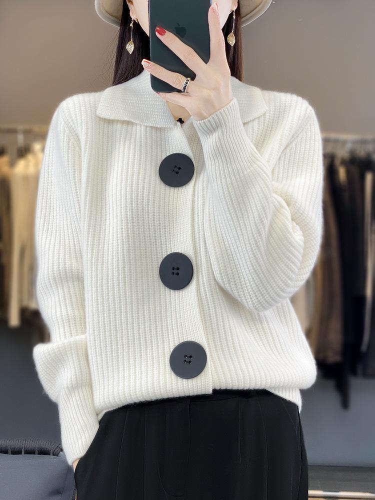 European-Style Women's Wool Cardigan Coat: Autumn/Winter Fashion, Long Sleeve, Korean-Inspired, Trendy Lapel, Thick Knit Sweater.