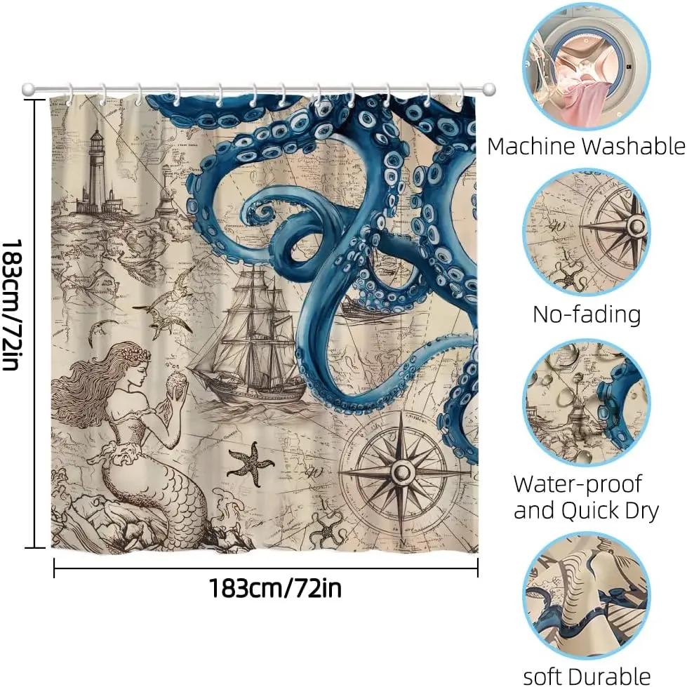 Vintage Nautical Octopus Shower Curtain, Funny Ocean Kraken Shower Curtains Waterproof, 72X72 Inches Anchor Coastal Map Shower