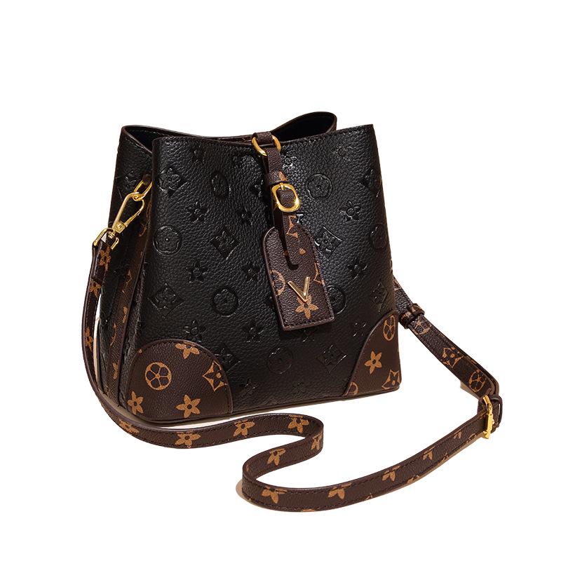 "Celebrity Fashion Embossed Crossbody Bucket Bag - Large Capacity, Retro Classic Print Handbag"