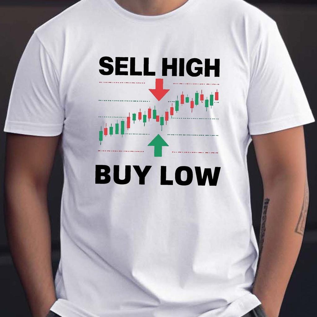 Mens Cotton TShirt with Sell High Buy Low Print Casual Crew Neck Short Sleeve Tee Breathable Knit Fabric