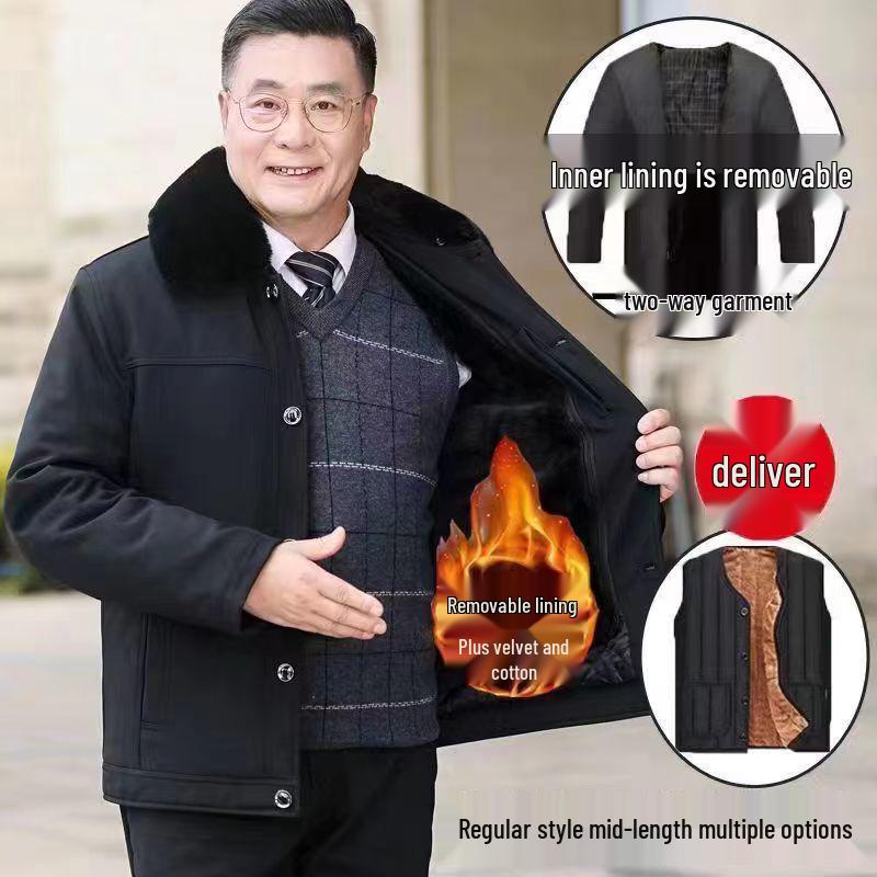 Men's Winter Coat for Seniors - Thickened Cotton Padded Jacket with Buttons for Ages 70-80