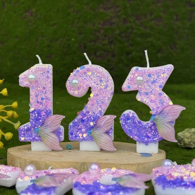Purple Mermaid Tail Glitter 0-9 Number Candle Birthday Party Candle for Girls Cake Decoration Fish Tail Wedding Boys Girls Gifts