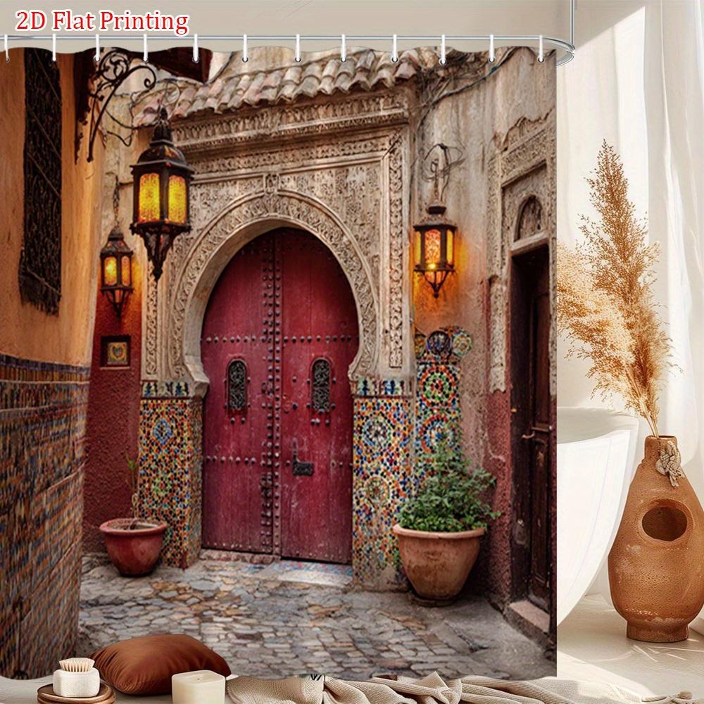 2D Flat 1pc Moroccan Vintage Curtain, Multicolor Mosaic Pattern Polyester Fabric Bathroom Decor Bathtub Partition Curtain Set 17