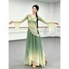 Women & Girls Gradient Green Chinese Classical Dance Costume, Sheer Chiffon Top Flowy Skirt For Practice & Performance