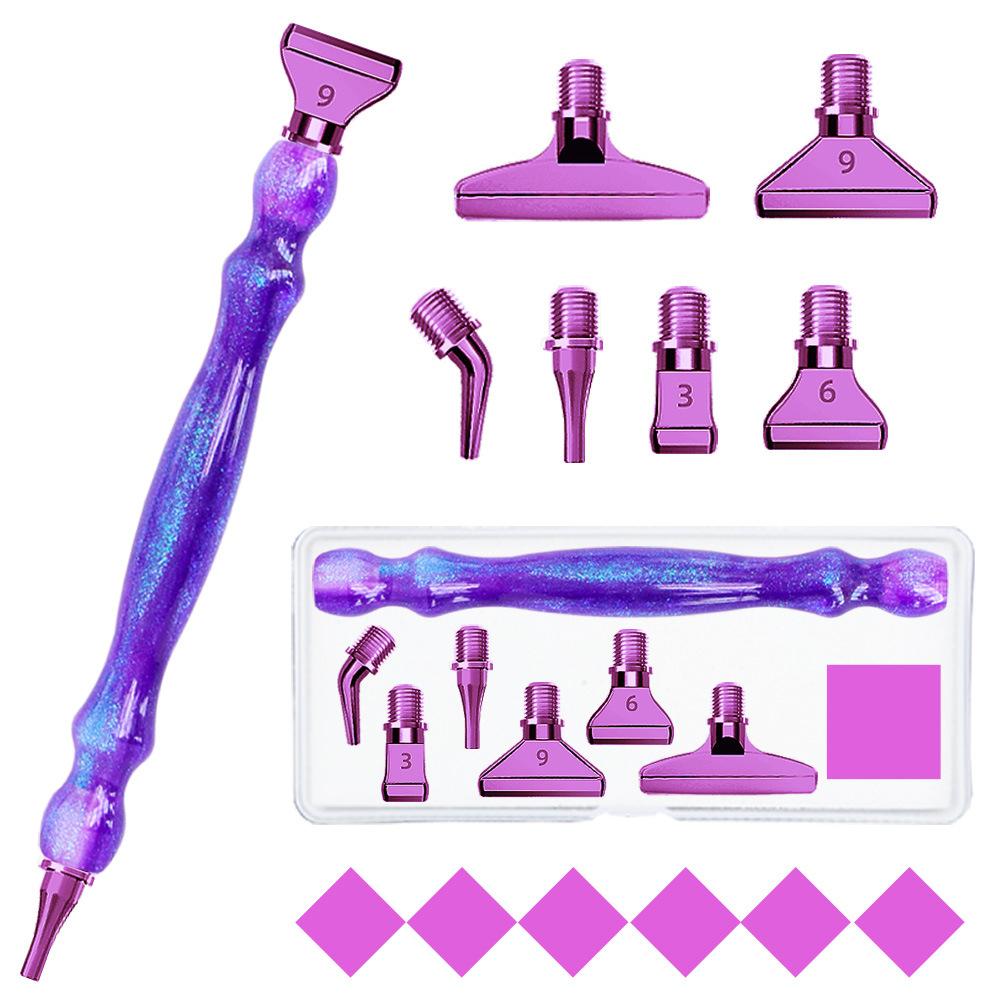 Purple 5D DIY Diamond Pen Set Resin Diamond Painting Tool Point Drill Pen with Thread Multifunctional 6 Metal Pen Heads and Clay
