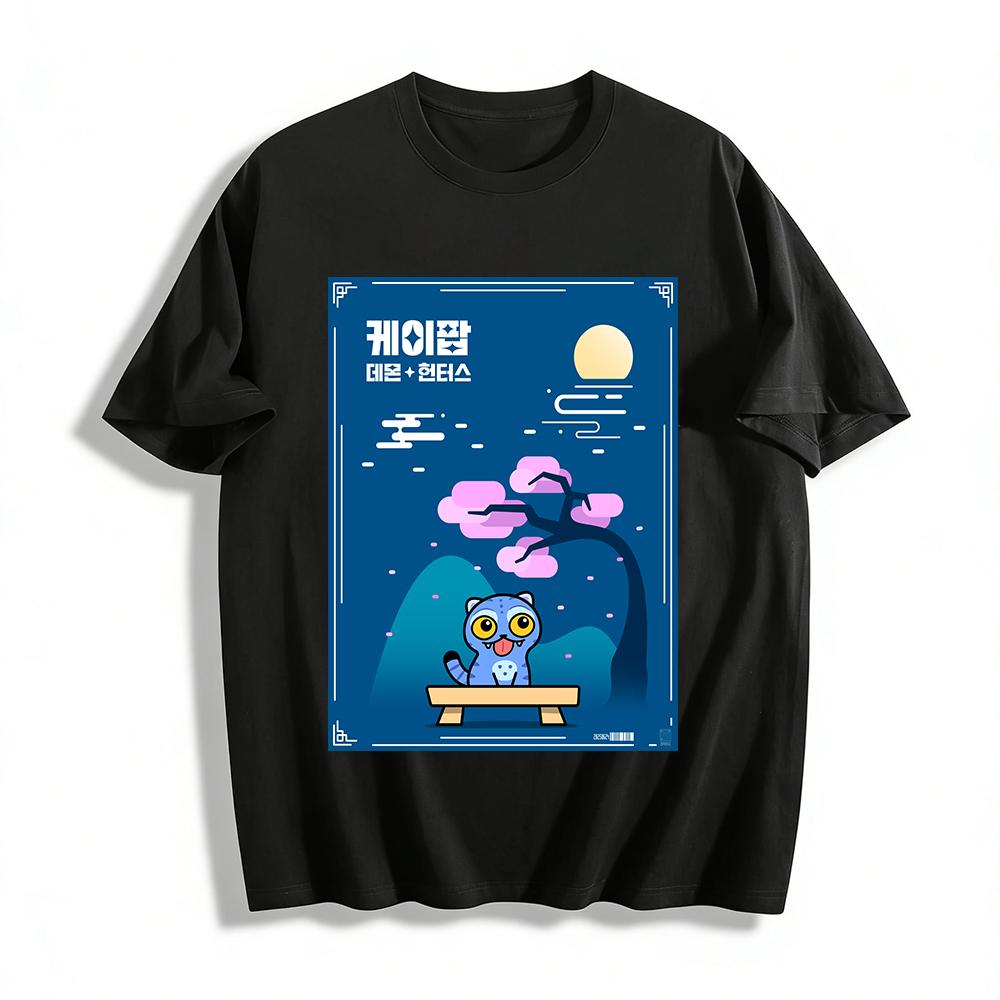 

Korean Style Cute Blue Cat Moon Print T-shirt Chinese Style Trendy Loose Top For Men And Women Pure cotton T-shirt XXS