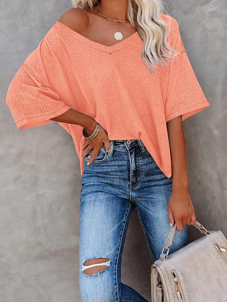 2024 Damen Sommer V-Ausschnitt Fledermausärmel Waffelstrick Kurzarm Locker T-Shirt Top