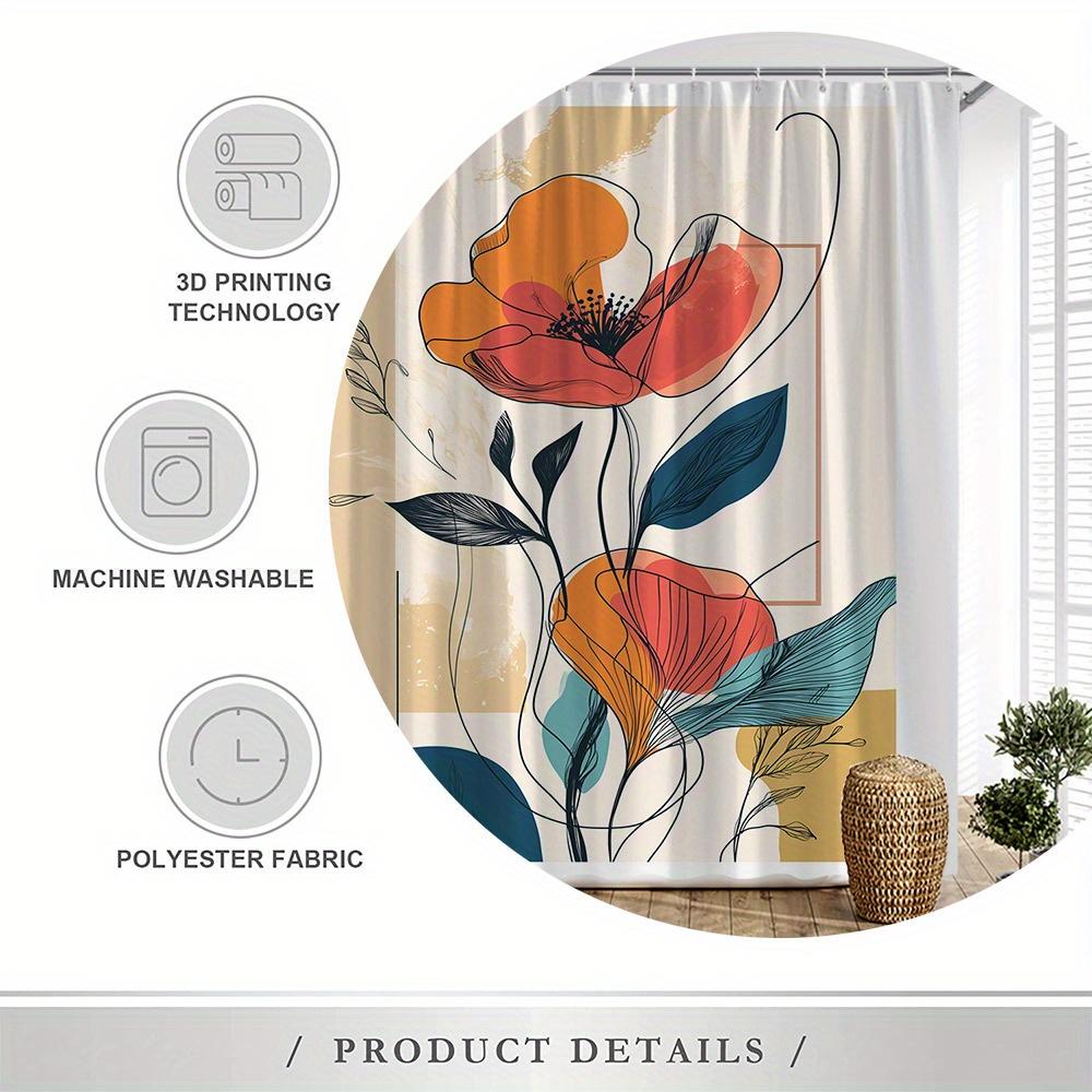 Abstract Floral Shower Curtain, Modern Minimalist Design, Vibrant Poppy & Geometric Shapes, Woven Fabric Bathroom Decor