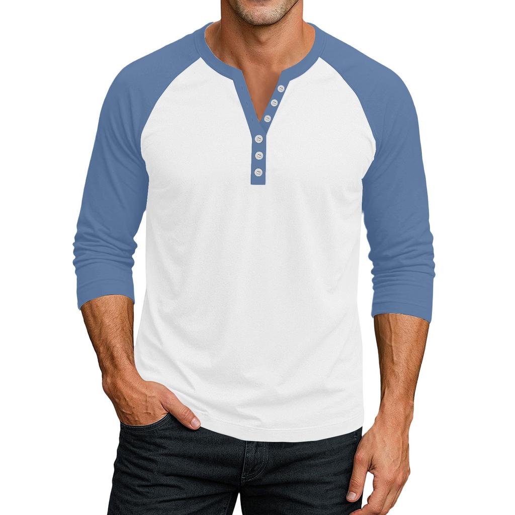 Men's Button-Down Contrast Raglan 3/4 Sleeve Top