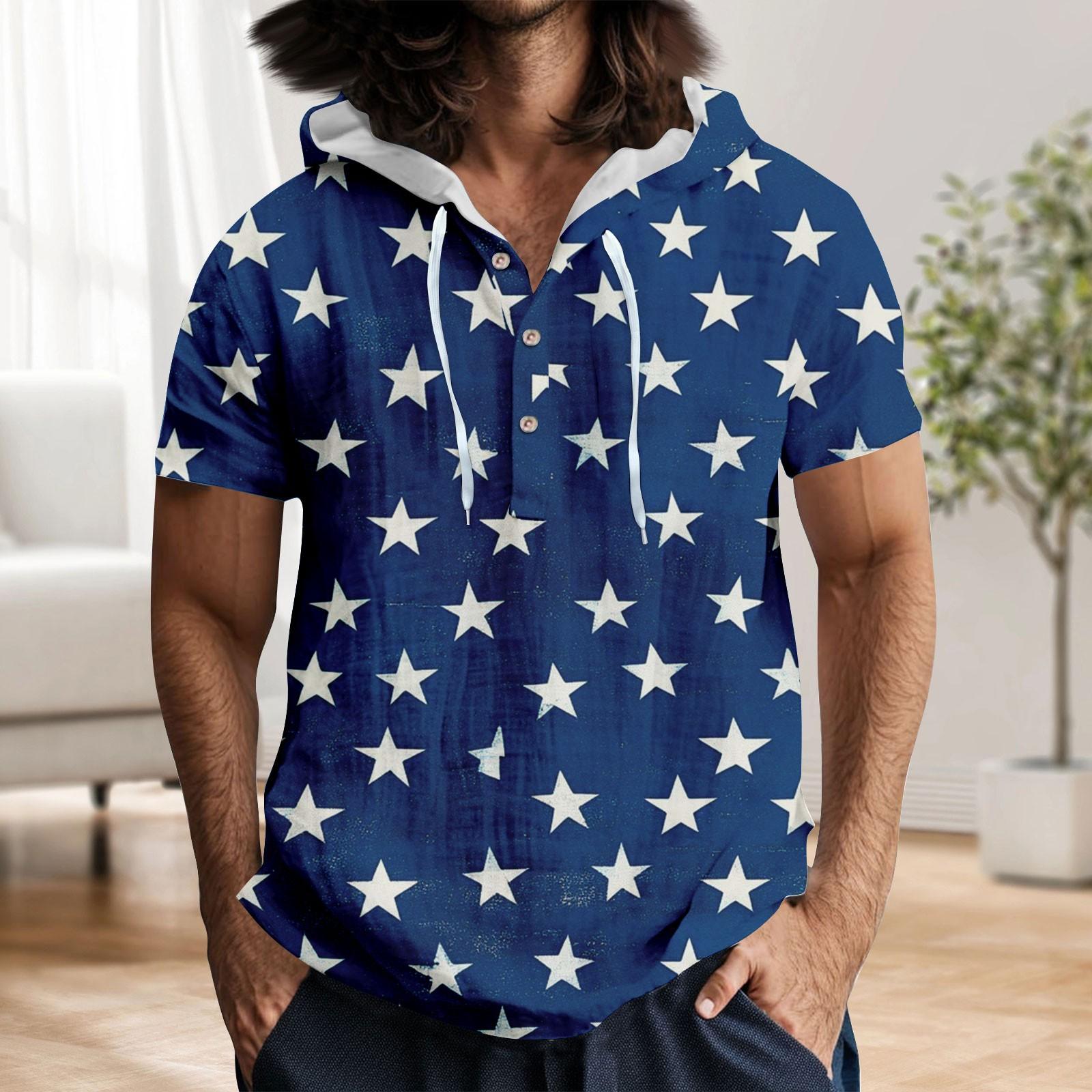 

Мужская повседневная футболка с короткими рукавами, капюшоном и открытым воротом на пуговицах L синий