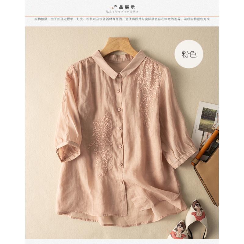 Solid color single-breasted medium-sleeved shirt women's embroidery 1116 summer new thin top temperament loose shirt, women