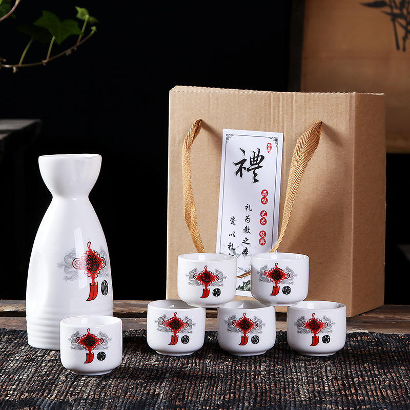 7Pcs Ceramics Japanese Sake Pot Cups Set Flagon Liquor Cup Spirits Hip Flasks Sake White Wine Pot Gifts Home Kitchen Drinkware