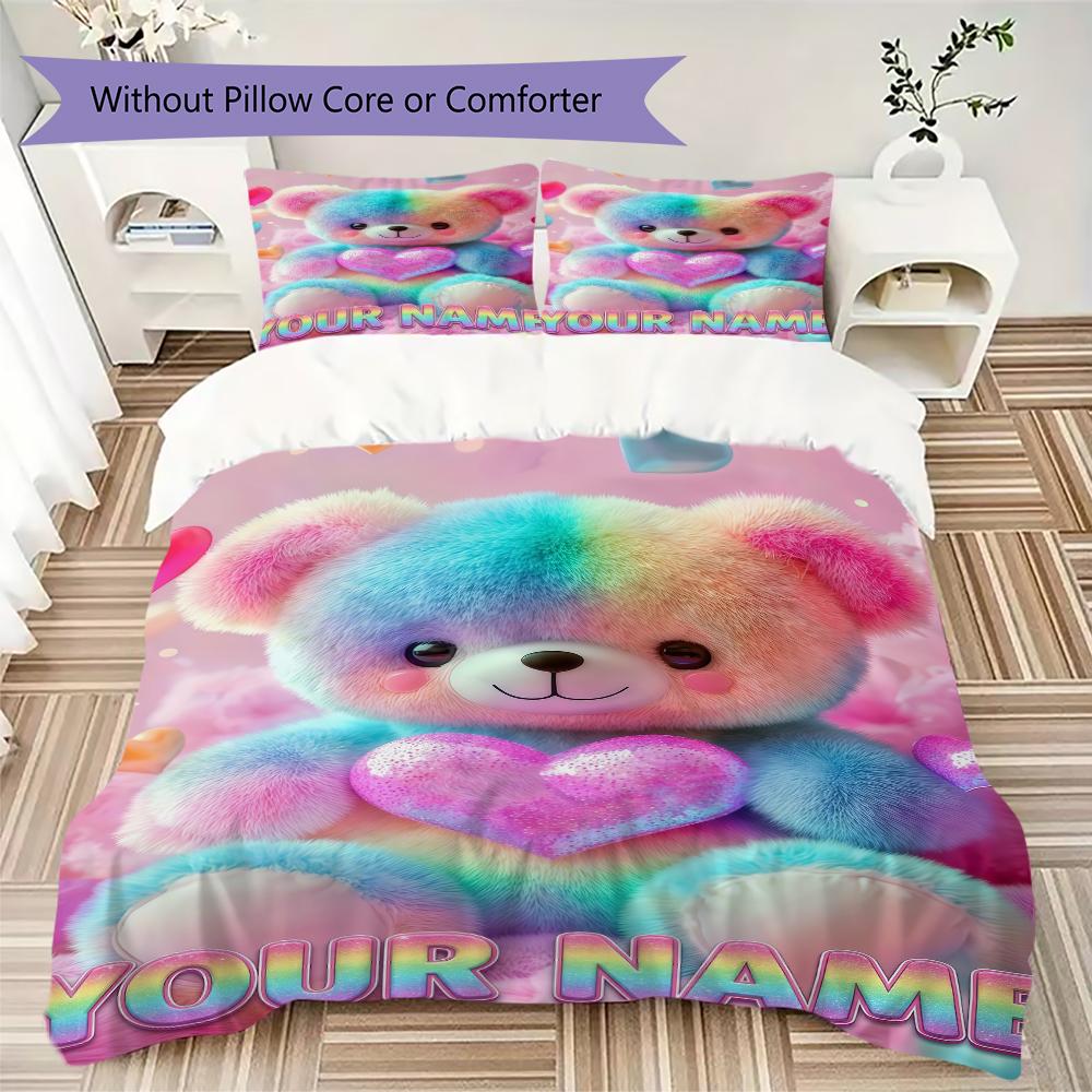 Custom Name Rainbow Heart Bear Love Bedding,Quilt Set Quilt Cover Pillowcase Home Birthday Gift(1 * duvet cover + 2 * pillowcase, without core)_lx