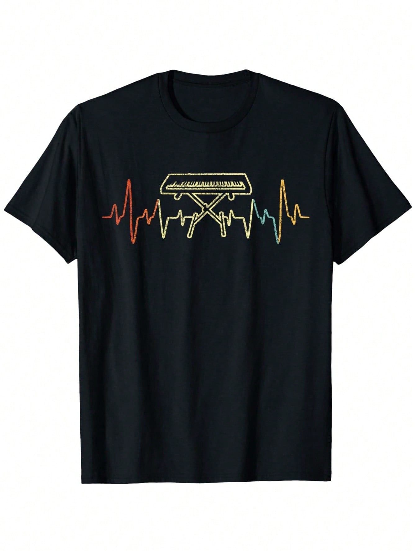 s Vintage Piano Key & Heartbeat Music Design T-Shirt - Loose Fit Cotton Shirt With Piano Player Graphic, Casual Round Neck Tee For Musicians, Concerts S разноцветный