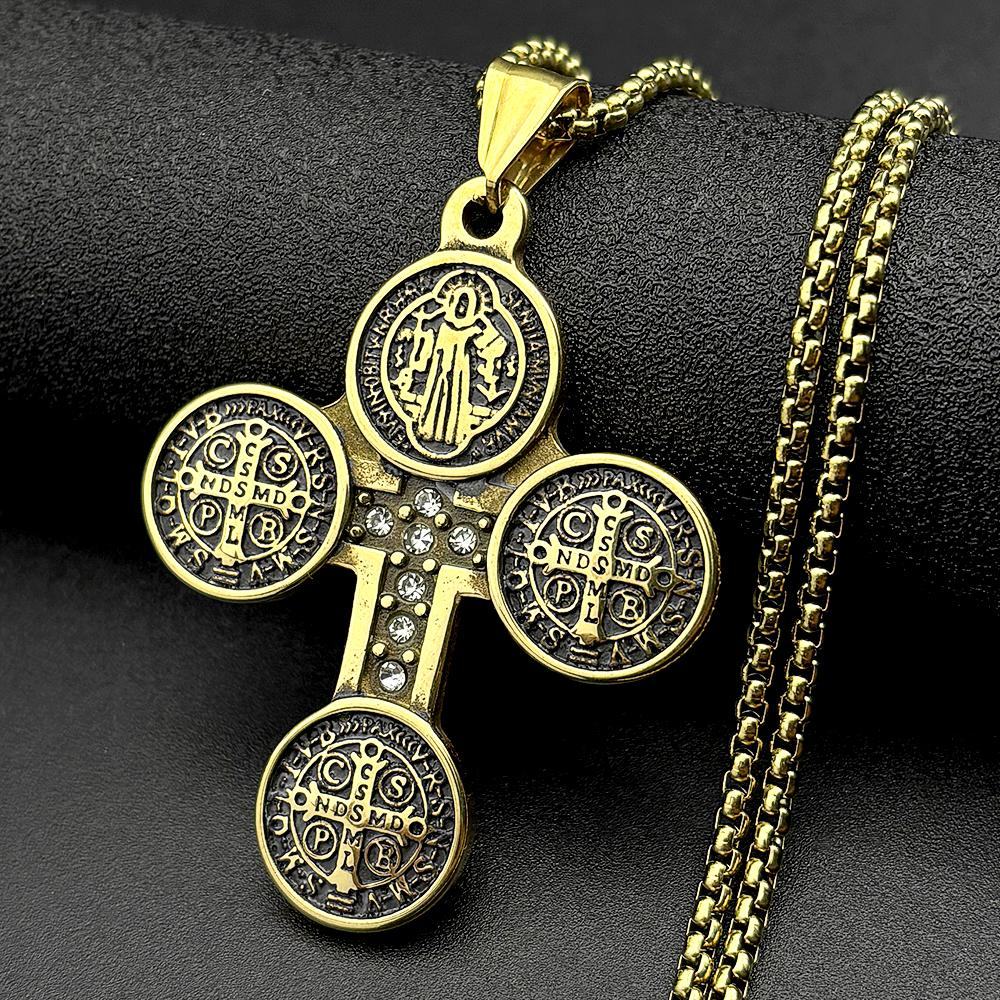 Catholic Saint Benedict Medal Crystals Cross Pendant Necklace for Women Men Gold Color Stainless Steel San Benito Chain Jewelry