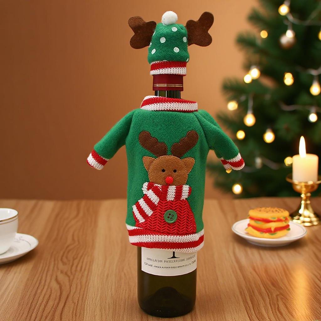 Cartoon Weihnachtsmann Bestickt Weinflasche und Besteckhülle Set - Weihnachtsdekoration