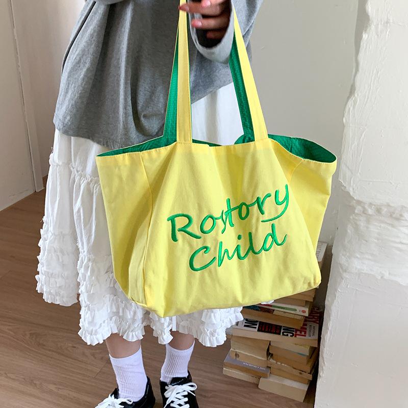 

Large capacity tote bag front and back double-sided back striped shoulder bag texture embroidered college student canvas bag women s commuter bag жёлтый